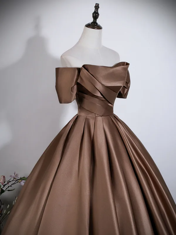 Vintage Brun Satin Balklänningar 2026 Balklänning Av Axeln Korta ärm Halterneck
