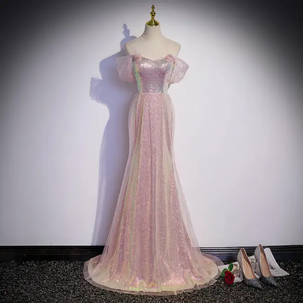 Sexy Rougissant Rose Paillettes Robe De Soirée 2022 Trompette / Sirène Encolure Carrée Manches Courtes Dos Nu Train De Balayage Soirée Robe De Ceremonie