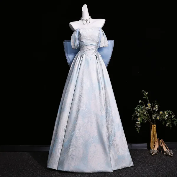 Vintage / Retro Sky Blue Printing Prom Dresses 2026 Ball Gown Off-The-Shoulder Short Sleeve Backless Bow Floor-Length / Long Formal Dresses