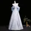 Vintage / Retro Sky Blue Printing Prom Dresses 2026 Ball Gown Off-The-Shoulder Short Sleeve Backless Bow Floor-Length / Long Formal Dresses