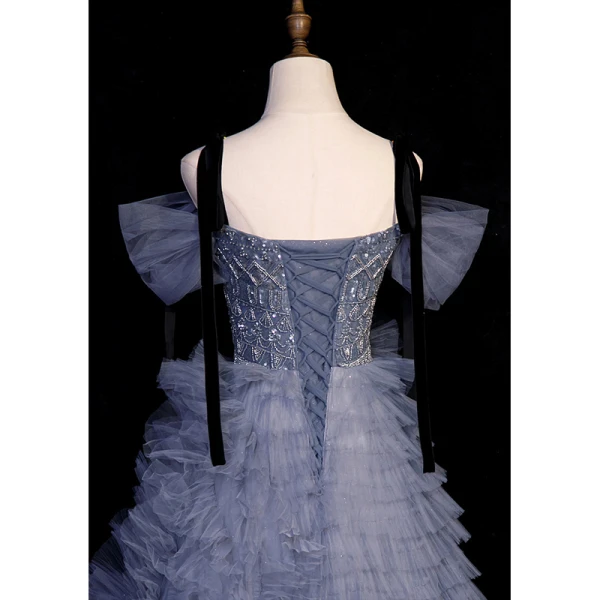 Sexy Ocean Blue Cascading Ruffles Beading Sequins Prom Dresses 2023 A-Line / Princess Off-The-Shoulder Short Sleeve Backless Floor-Length / Long Flower Girl Dresses