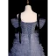 Sexy Ocean Blue Cascading Ruffles Beading Sequins Prom Dresses 2023 A-Line / Princess Off-The-Shoulder Short Sleeve Backless Floor-Length / Long Flower Girl Dresses