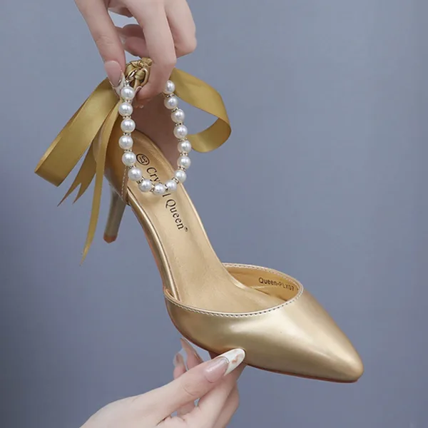Sexy Black Pearl Ankle Strap Evening Party Womens Shoes 2024 7 cm Stiletto Heels Pointed Toe High Heels