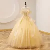 Chic / Beautiful Yellow Lace Pearl Sequins Prom Dresses 2022 Ball Gown Scoop Neck Short Sleeve Backless Floor-Length / Long Prom Formal Dresses
