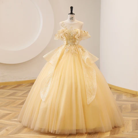 Chic / Beautiful Yellow Lace Pearl Sequins Prom Dresses 2022 Ball Gown Scoop Neck Short Sleeve Backless Floor-Length / Long Prom Formal Dresses