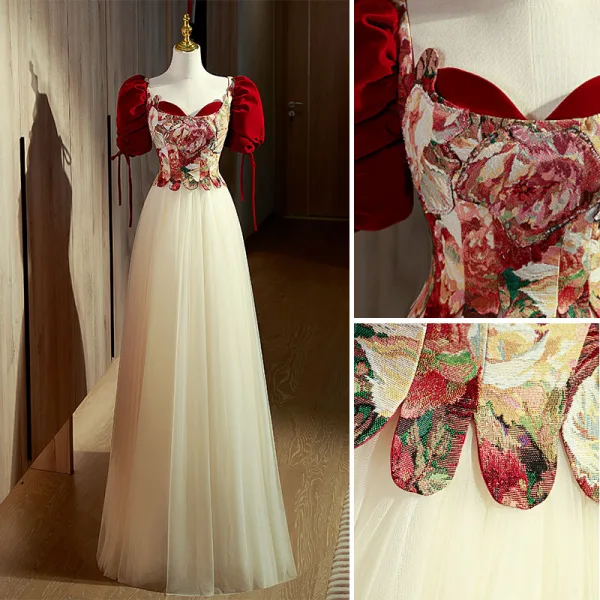 Elegant Burgundy Printing Prom Dresses 2022 A-Line / Princess Square Neckline Short Sleeve Backless Bow Floor-Length / Long Formal Dresses