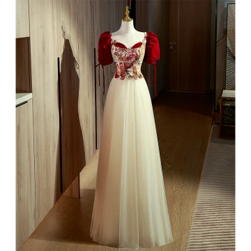 Elegant Burgundy Printing Prom Dresses 2022 A Line Princess Square Neckline Short Sleeve Backless Bow Floor Length Long Formal Dresses