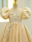 Chic / Beautiful Champagne Rhinestone Lace Flower Birthday Flower Girl Dresses 2024 Scoop Neck Puffy Short Sleeve Short