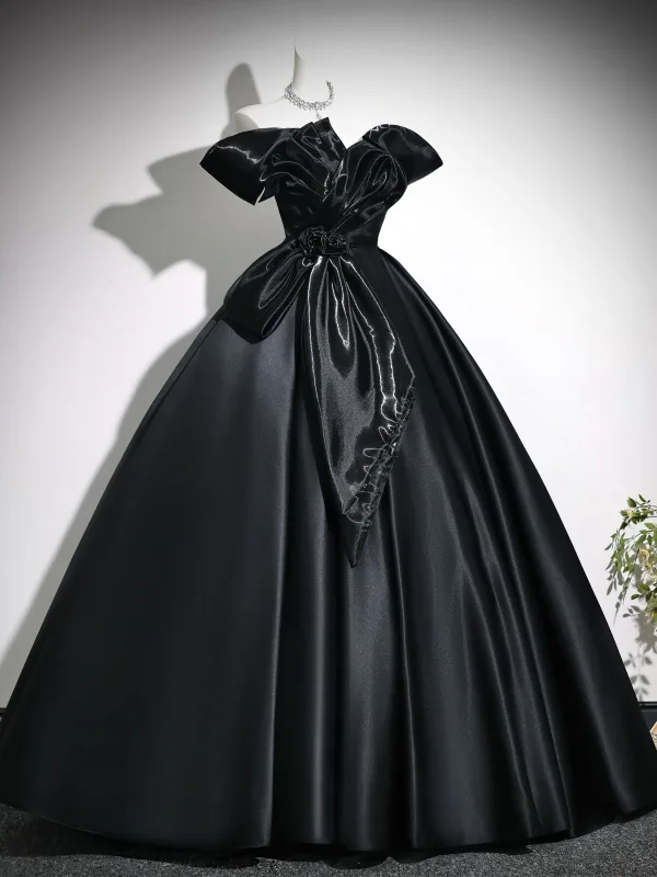 Elegant Black Bow Prom Dresses 2026 Ball Gown Off-The-Shoulder Short Sleeve Backless Floor-Length / Long Formal Dresses