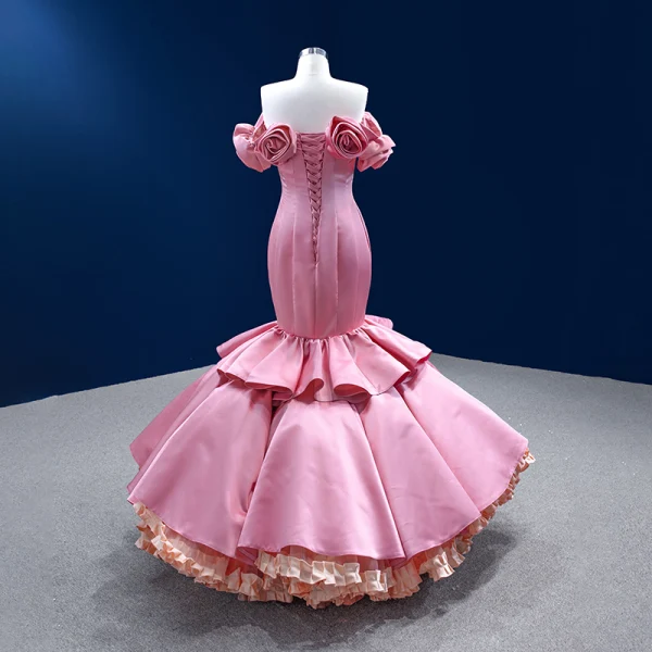 Unusual Candy Pink Cascading Ruffles Prom Dresses 2022 Trumpet / Mermaid Strapless Flower Sleeveless Backless Floor-Length / Long Prom Formal Dresses
