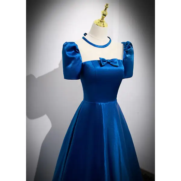 Vintage / Retro Royal Blue Satin Prom Dresses 2022 A-Line / Princess Square Neckline Bow Short Sleeve Backless Floor-Length / Long Prom Formal Dresses