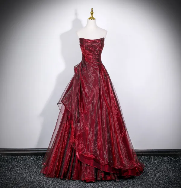 Chic / Beautiful Burgundy Prom Dresses 2026 A-Line / Princess Off-The-Shoulder Puffy Short Sleeve Backless Floor-Length / Long Formal Dresses