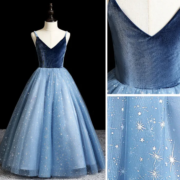 Charming Sky Blue Sequins Evening Party Flower Girl Dresses 2022 Ball Gown V-Neck Sleeveless Backless Floor-Length / Long Flower Girl Dresses