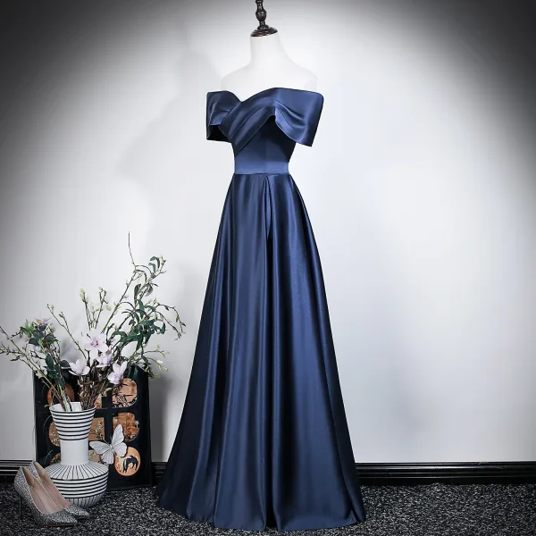 Modest / Simple Black Evening Dresses 2026 A-Line / Princess Off-The-Shoulder Short Sleeve Backless Floor-Length / Long