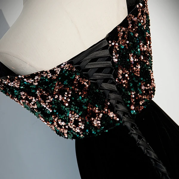 Elegante Schwarz Samt Pailletten Abendkleider 2023 A Linie Bandeau Ärmellos Rückenfreies Lange Abend Festliche Kleider
