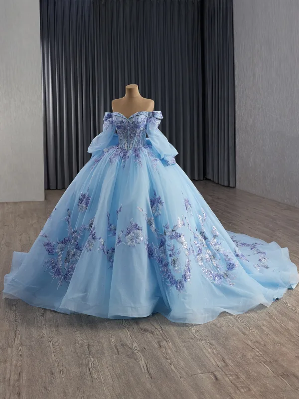 Luxury / Gorgeous Sky Blue Handmade  Beading Lace Flower Sequins Prom Dresses 2025 Ball Gown Off-The-Shoulder Short Sleeve Backless Bow Court Train