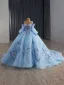 Luxury / Gorgeous Sky Blue Handmade  Beading Lace Flower Sequins Prom Dresses 2025 Ball Gown Off-The-Shoulder Short Sleeve Backless Bow Court Train
