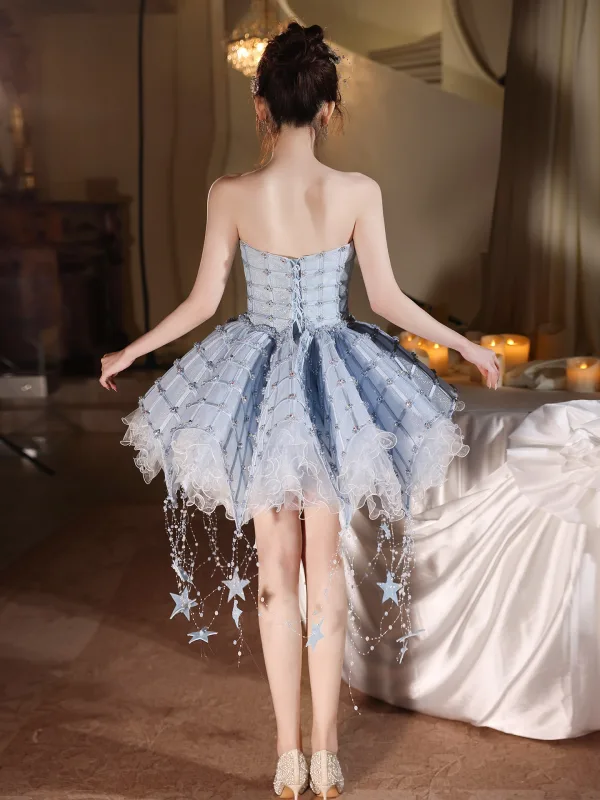 Sexy Sky Blue Pearl Sequins Short Party Dresses 2026 Ball Gown Strapless Sleeveless Backless Cocktail Party Evening Party Formal Dresses