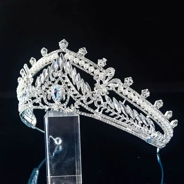 Vintage Srebrny Perła Rhinestone Kryształ Ślub Tiara Ozdoby Do Włosów Ślubne 2022 Cyrkon Stop Ozdoby Do Włosów Ślubne