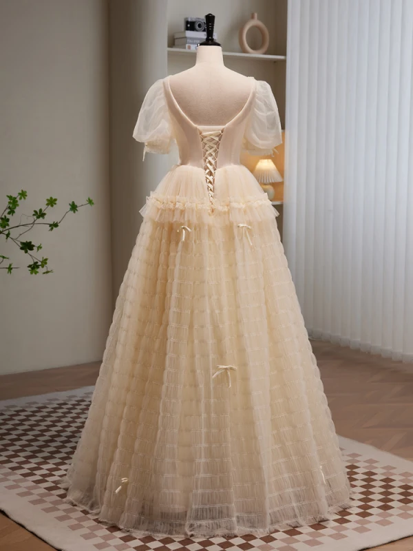Chic / Belle Champagne Volants en Cascade Robe De Bal 2023 Princesse Perle V-Cou Manches Courtes Dos Nu Longue Promo Robe De Ceremonie