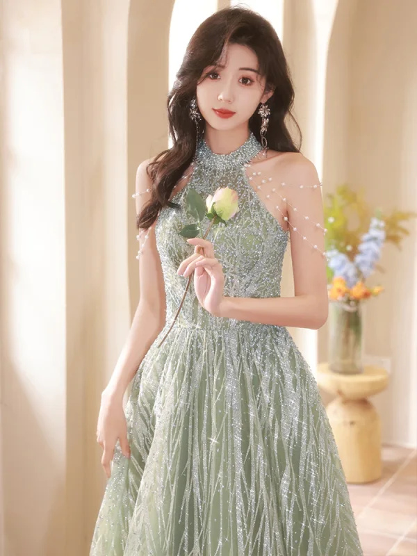 fitted sage green prom dress Zapaka Women Sage Prom Dress with Appliques A-Line Spaghetti Straps Tulle Long Formal Dress, Sage / US8