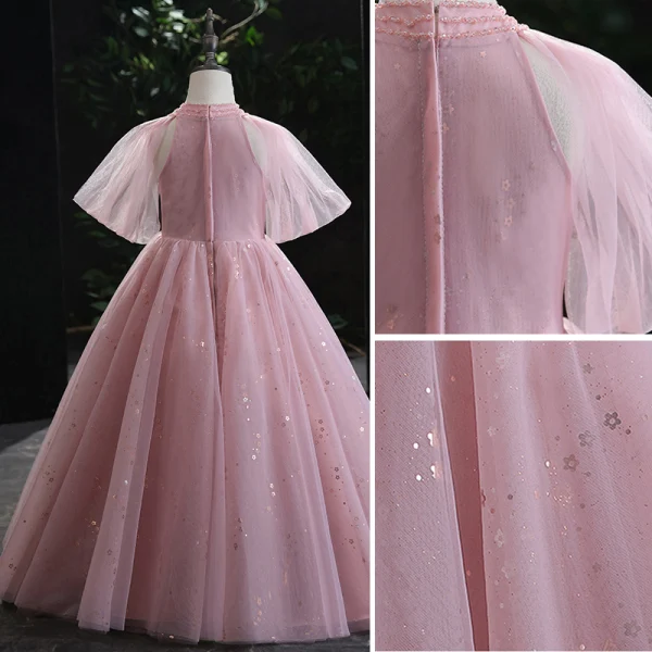 Chic / Beautiful Candy Pink Beading Sequins Prom Flower Girl Dresses 2022 Ball Gown Scoop Neck Puffy Short Sleeve Floor-Length / Long Flower Girl Dresses