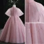 Chic / Beautiful Candy Pink Beading Sequins Prom Flower Girl Dresses 2022 Ball Gown Scoop Neck Puffy Short Sleeve Floor-Length / Long Flower Girl Dresses