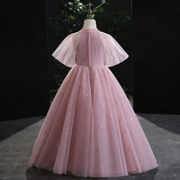 Chic / Beautiful Candy Pink Beading Sequins Prom Flower Girl Dresses 2022 Ball Gown Scoop Neck Puffy Short Sleeve Floor-Length / Long Flower Girl Dresses