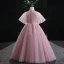 Chic / Beautiful Candy Pink Beading Sequins Prom Flower Girl Dresses 2022 Ball Gown Scoop Neck Puffy Short Sleeve Floor-Length / Long Flower Girl Dresses