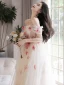 Flower Fairy White Appliques Prom Dresses 2023 A-Line / Princess Off-The-Shoulder Short Sleeve Backless Floor-Length / Long Prom Formal Dresses
