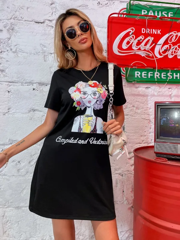 Lovely Women Black Casual Short Dresses 2021 Printing Cotton Loose Scoop Neck Summer Short Sleeve T-shirt