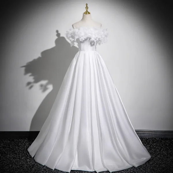 Elegant Ivory Appliques Prom Dresses 2025 A-Line / Princess Off-The-Shoulder Short Sleeve Backless Floor-Length / Long Formal Dresses