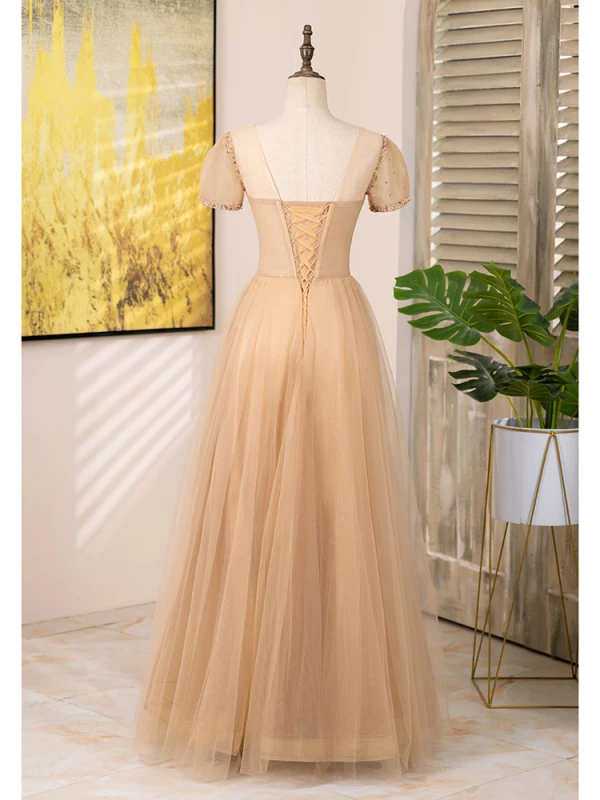 Chic / Beautiful Champagne Beading Sequins Prom Dresses 2024 A-Line / Princess Scoop Neck Short Sleeve Backless Floor-Length / Long Prom Formal Dresses