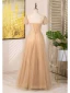 Chic / Beautiful Champagne Beading Sequins Prom Dresses 2024 A-Line / Princess Scoop Neck Short Sleeve Backless Floor-Length / Long Prom Formal Dresses