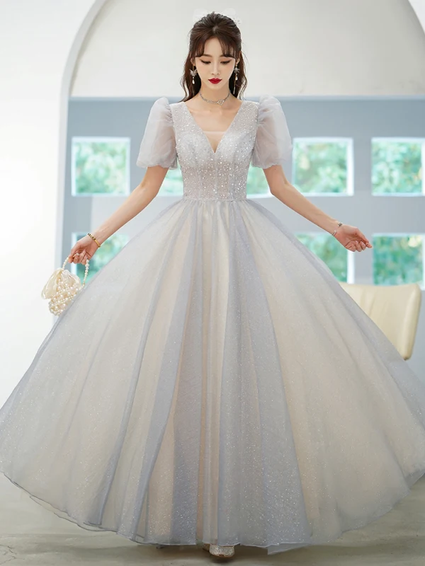 Chic / Belle Gris Paillettes Robe De Bal 2022 Princesse V-Cou Manches Courtes Dos Nu Longue Promo Robe De Ceremonie
