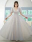 Chic / Belle Gris Paillettes Robe De Bal 2022 Princesse V-Cou Manches Courtes Dos Nu Longue Promo Robe De Ceremonie