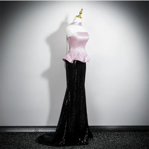 Charmant Rosa Pailletten Partykleider 2025 Meerjungfrau Bandeau Ärmellos Rückenfreies Sweep / Pinsel Zug Cocktail Abend Festliche Kleider