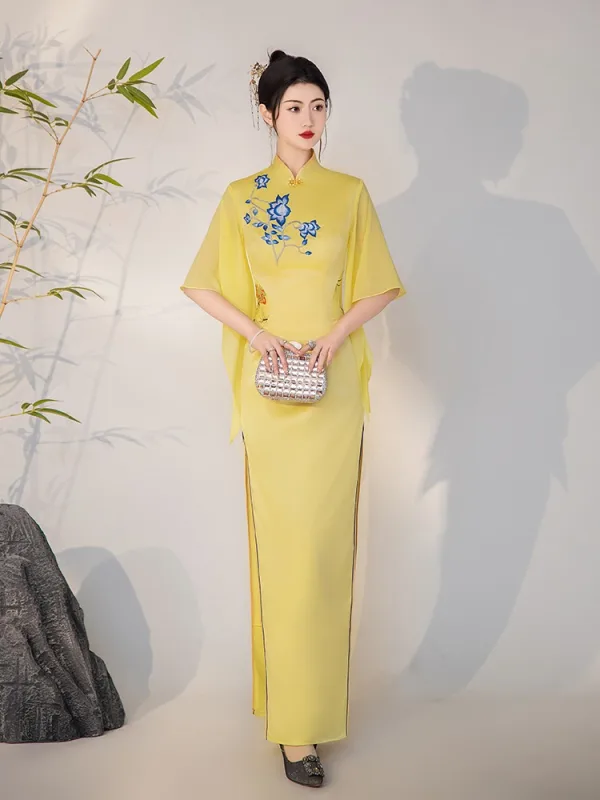 Chinese style Yellow Lace Flower Split Front Cheongsam 2025 Trumpet / Mermaid High Neck Short Sleeve Floor-Length / Long Evening Party Cheongsam / Qipao