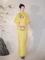 Chinese style Yellow Lace Flower Split Front Cheongsam 2025 Trumpet / Mermaid High Neck Short Sleeve Floor-Length / Long Evening Party Cheongsam / Qipao