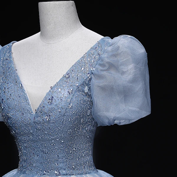 Chic / Beautiful Sky Blue Prom Dresses 2022 Ball Gown V-Neck Puffy Short Sleeve Backless Beading Rhinestone Sequins Floor-Length / Long Prom Formal Dresses
