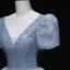 Chic / Beautiful Sky Blue Prom Dresses 2022 Ball Gown V-Neck Puffy Short Sleeve Backless Beading Rhinestone Sequins Floor-Length / Long Prom Formal Dresses