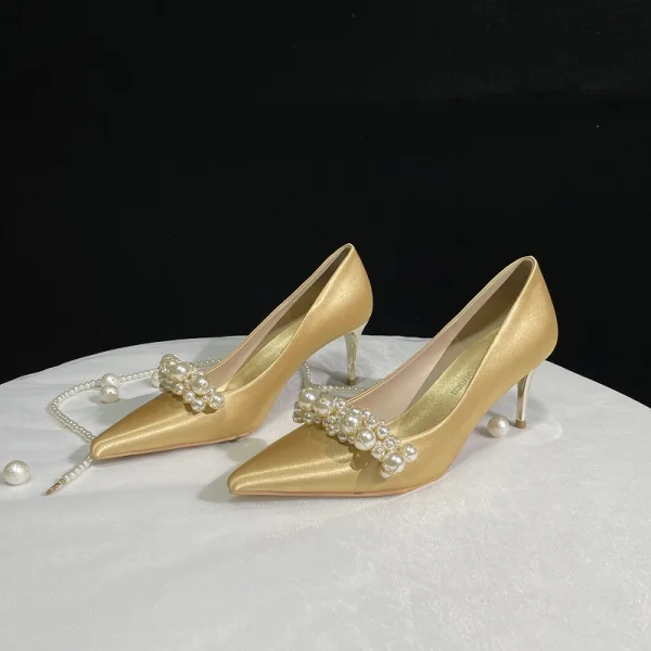 Charmant Goud Satijn Parel Bruidsschoenen 2022 Leer 6 cm Naaldhakken / Stiletto Spitse Neus Huwelijk Pumps Hoge Hakken