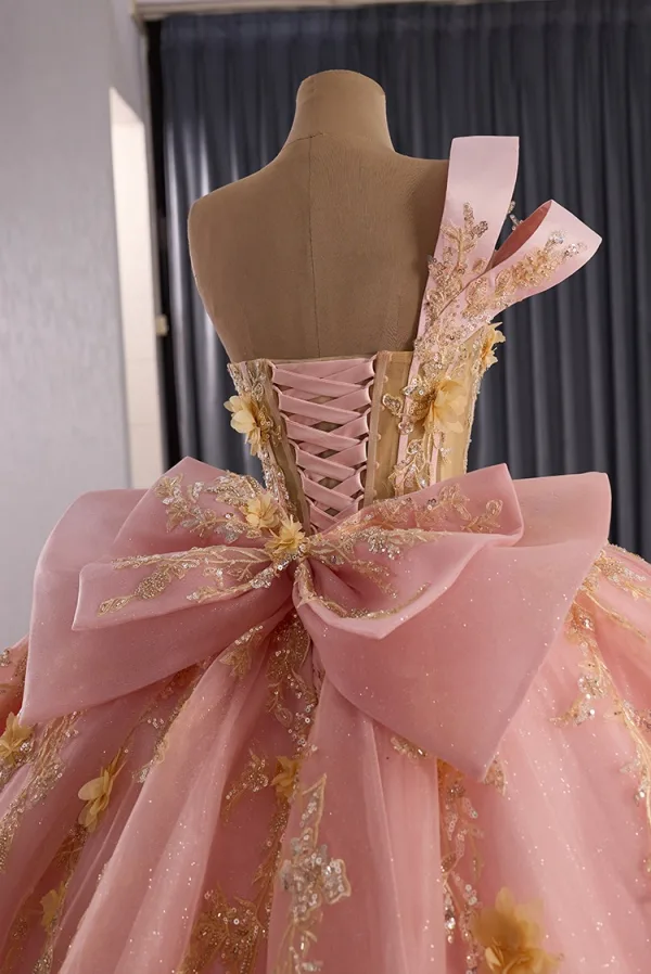 Luxury / Gorgeous Flower Fairy Blushing Pink Beading Appliques Sequins Prom Dresses 2025 Ball Gown One-Shoulder Sleeveless Backless Bow Court Train Formal Dresses