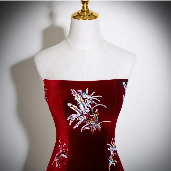 Chinese style Burgundy Sequins Velvet Evening Dresses 2025 Ball Gown High Neck Sleeveless Backless Floor-Length / Long Formal Dresses