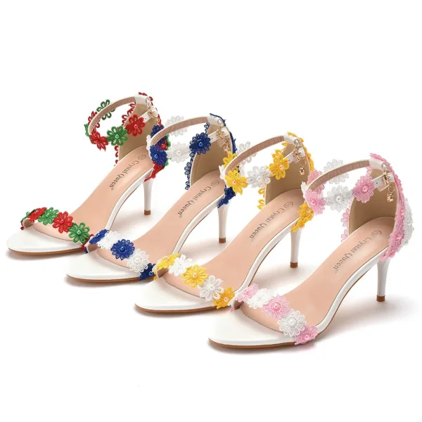 Charming Blushing Pink Lace Flower Prom Womens Sandals 2022 Pearl 7 cm Stiletto Heels Open / Peep Toe Sandals High Heels