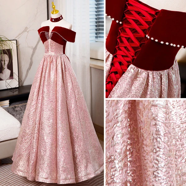 Chic / Beautiful Burgundy Beading Pearl Evening Dresses 2023 A-Line / Princess Off-The-Shoulder Short Sleeve Backless Floor-Length / Long Evening Party Formal Dresses