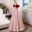 Chic / Beautiful Burgundy Beading Pearl Evening Dresses 2023 A-Line / Princess Off-The-Shoulder Short Sleeve Backless Floor-Length / Long Evening Party Formal Dresses