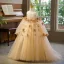 Chic / Beautiful Champagne Pearl Appliques Birthday Flower Girl Dresses 2025 Ball Gown Scoop Neck 3/4 Sleeve Backless Sweep Train