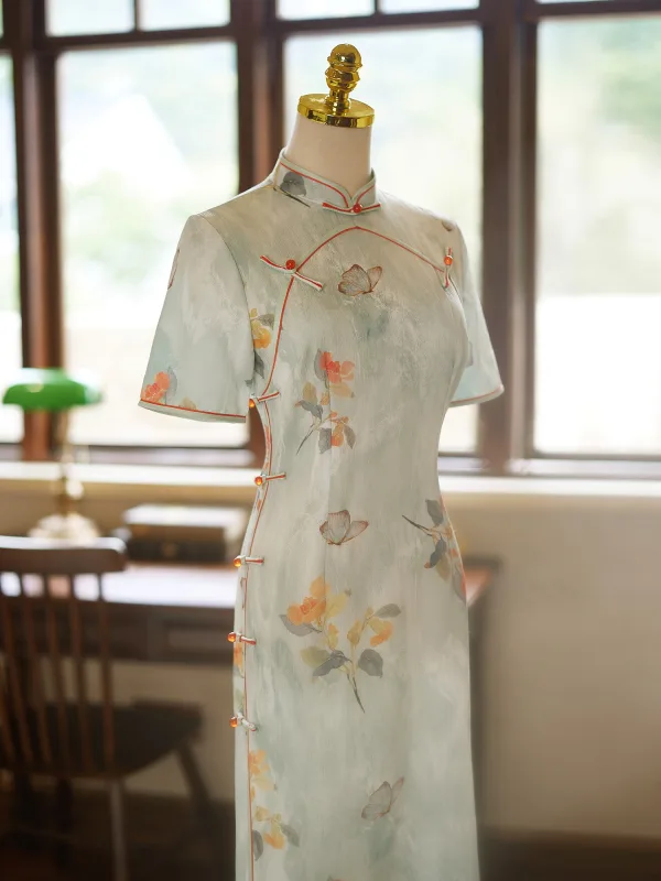 Chinese style Sage Green Butterfly Printing Split Front Cheongsam 2024 Trumpet / Mermaid High Neck Short Sleeve Prom Floor-Length / Long
