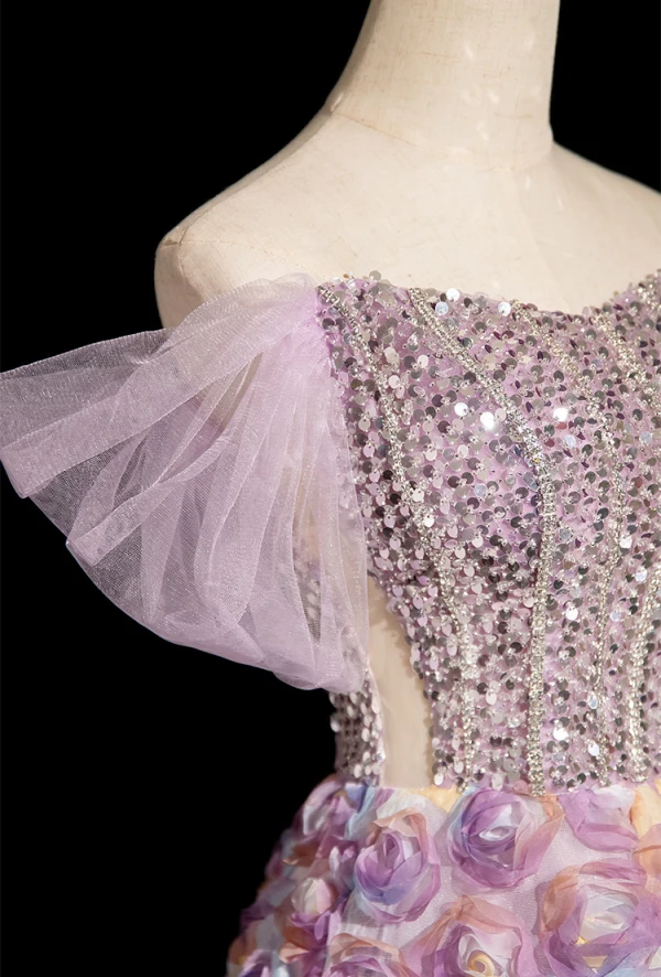 Lovely Lavender Beading Sequins Appliques Prom Dresses 2024 A-Line / Princess Off-The-Shoulder Sleeveless Backless Floor-Length / Long Prom Formal Dresses